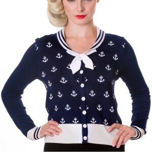 Banned Apparel Anchors Away Nautical Cardigan – Navy Blue Anchor Knit Size S
